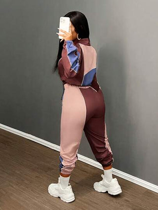Slaydiva طقم 2 قطعة ملابس كاجوال رياضية شارع: جاكيت بسحاب وياقة عالية فضفاضة وطويلة الأكمام،وبنطال ذو ساق متقصرة مع تقسيم الألوان، للنساء