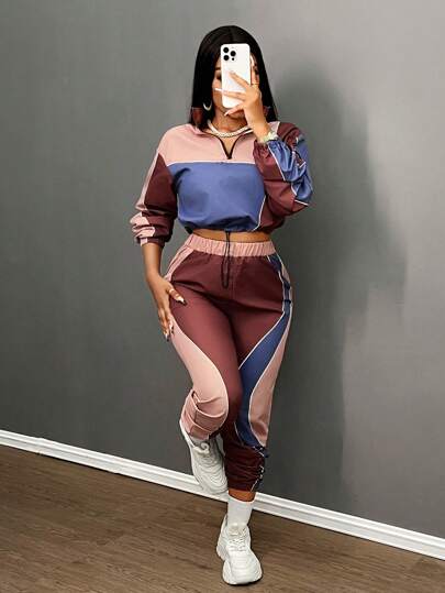 Slaydiva طقم 2 قطعة ملابس كاجوال رياضية شارع: جاكيت بسحاب وياقة عالية فضفاضة وطويلة الأكمام،وبنطال ذو ساق متقصرة مع تقسيم الألوان، للنساء