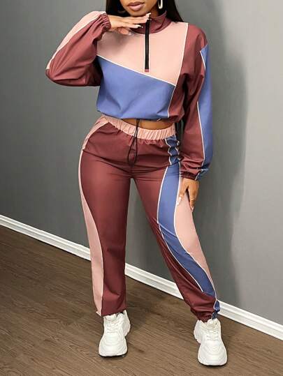 Slaydiva طقم 2 قطعة ملابس كاجوال رياضية شارع: جاكيت بسحاب وياقة عالية فضفاضة وطويلة الأكمام،وبنطال ذو ساق متقصرة مع تقسيم الألوان، للنساء