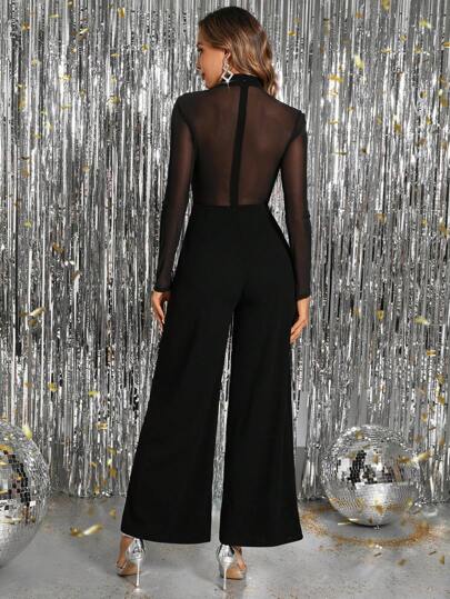 SHEIN Clasi ارتداء نسائي أنيق للحفلات، جمبسوت سبارك لامعة مزينة براينستون وشبكية مع أكمام طويلة وسراويل واسعة