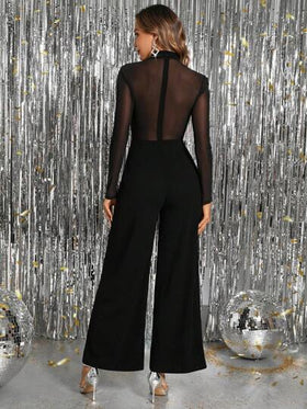 SHEIN Clasi ارتداء نسائي أنيق للحفلات، جمبسوت سبارك لامعة مزينة براينستون وشبكية مع أكمام طويلة وسراويل واسعة