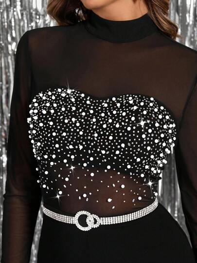 SHEIN Clasi ارتداء نسائي أنيق للحفلات، جمبسوت سبارك لامعة مزينة براينستون وشبكية مع أكمام طويلة وسراويل واسعة