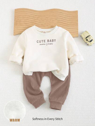Cozy Pixies مجموعة قطعتين من ملابس علوية طويلة الأكمام مطبوع عليها حروف مخيط لطيف وبنطال خصر مطاطي للأطفال الصبيان