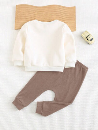 Cozy Pixies مجموعة قطعتين من ملابس علوية طويلة الأكمام مطبوع عليها حروف مخيط لطيف وبنطال خصر مطاطي للأطفال الصبيان