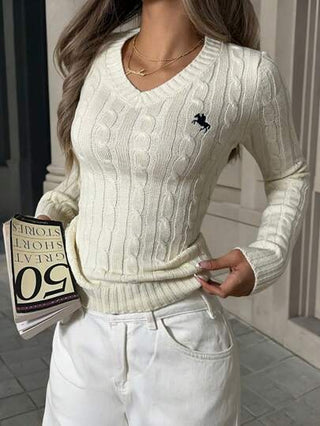 EZwear كنزة صوفية نسائية بياقة على شكل حرف V أكمام طويلة بتصميم بسيط، ملابس كاجوال للارتداء اليومي، ملابس علوية أكمام طويلة، ملابس علوية للمدرسة في فصل الخريف/الشتاء