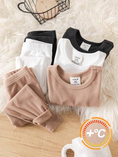 SHEIN 6 قطعة/مجموعة ملابس داخلية للأطفال الصبيان قاعدة طبقة، ملابس علوية رقبة دائرية أكمام طويلة وبنطلون، لون أحادي، فائق اللين والود للبشرة، بدلة نوم