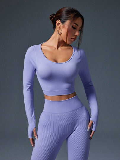 SHEIN Sport Studio طقم ملابس رياضية نسائية ذو لون أحادي مكون من بلوزة بأكمام طويلة وبنطلون، متناسق الخياطة