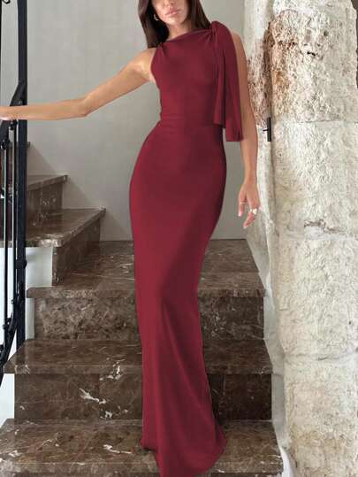 فساتين حريمي فستان طويل أنيق للنساء قليل الأكمام ذو ياقة غير متماثلة، متواضع لارتداء في الأعياد والحفلات والإجازات في الربيع والصيف