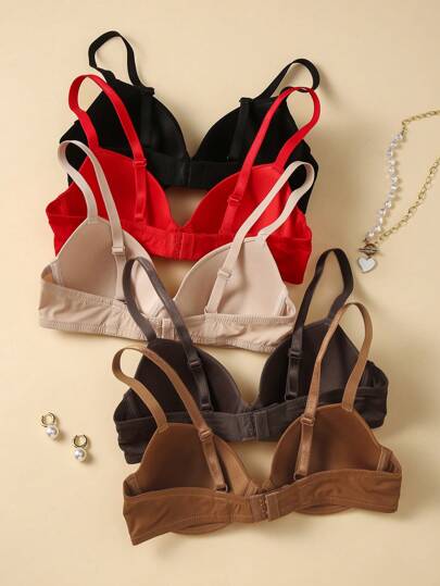Shein Underwear&Sleepwear Basics 5 حبات من صدريات النساء بلون سادة قابلة للتعديل من الأحزمة، بسيطة كاجوال خالية من الأسلاك