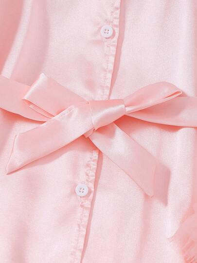 طقم بيجامات أنيق لفتاة مكون من ملابس علوية أكمام طويلة بياقة وأساور من الحرير الوردي الداكن وبنطلون ذو لون وردي داكن موحد