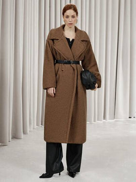 SHEIN Privé معطف نسائي كاجوال طويل بأكمام طويلة فضفاض ومخمل، بياقة واسعة وحزام جلد على الخصر، مناسب للذهاب إلى العمل