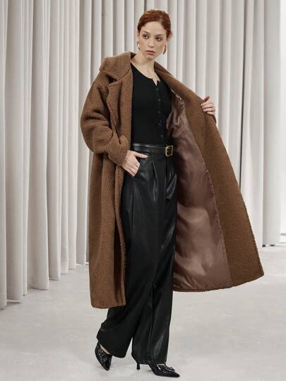 SHEIN Privé معطف نسائي كاجوال طويل بأكمام طويلة فضفاض ومخمل، بياقة واسعة وحزام جلد على الخصر، مناسب للذهاب إلى العمل