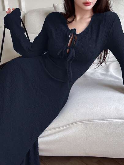 Modelyn فستان طويل كاجوال أنيق بأكمام طويلة وأربطة أمامية من موحد اللون للنساء