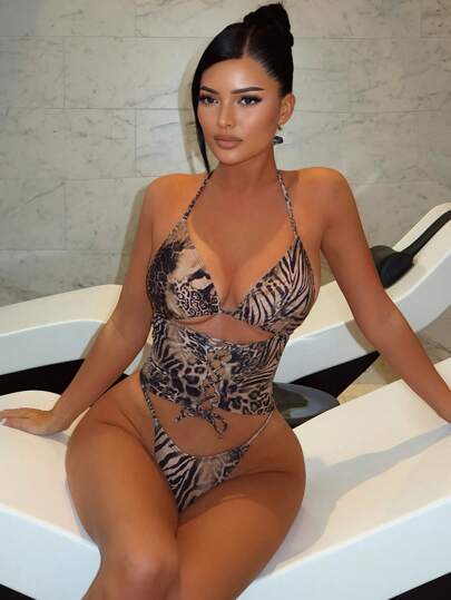 طقم تانكيني حريمي Swim SXY مجموعة بكيني نسائية مثيرة بنقشة الفهد بتصميم بربط وربطة حول الرقبة، للصيف