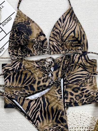 طقم تانكيني حريمي Swim SXY مجموعة بكيني نسائية مثيرة بنقشة الفهد بتصميم بربط وربطة حول الرقبة، للصيف