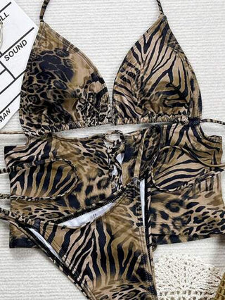 طقم تانكيني حريمي Swim SXY مجموعة بكيني نسائية مثيرة بنقشة الفهد بتصميم بربط وربطة حول الرقبة، للصيف
