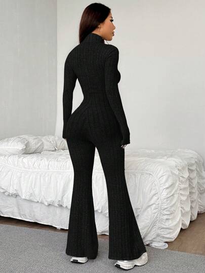 EZwear قطعة واحدة جمبسوت طويلة الأكمام بسحاب أمامي ذو لون أحادي بسيطة للسيدات لاستخدام اليومي