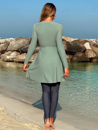 طقم تانكيني حريمي Swim Mulvari طقم بوركيني محتشم جديد، قطعتان ملابس علوية بأكمام طويلة وبنطال طويل للسباحة، يغطي الجسم، حماية من الأشعة فوق البنفسجية، ملابس سباحة محافظة للنساء العربيات/جنوب شرق آسيا مناسبة للصيف