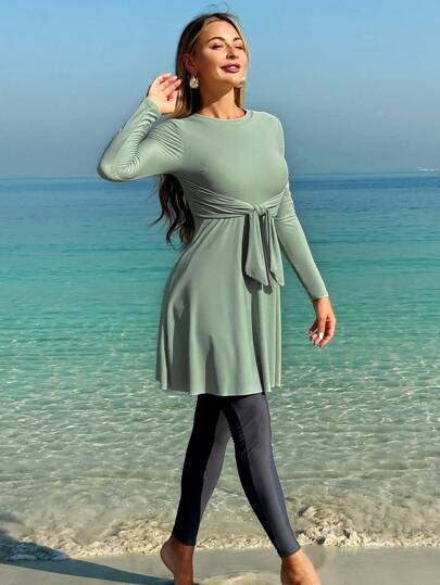طقم تانكيني حريمي Swim Mulvari طقم بوركيني محتشم جديد، قطعتان ملابس علوية بأكمام طويلة وبنطال طويل للسباحة، يغطي الجسم، حماية من الأشعة فوق البنفسجية، ملابس سباحة محافظة للنساء العربيات/جنوب شرق آسيا مناسبة للصيف