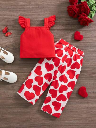SHEIN طقم ملابس علوية بلا أكمام بنقشة قلب أحمر وبناطيل طويلة لبنت صغيرة، مجموعة كيوت للصيف وعيد الحب