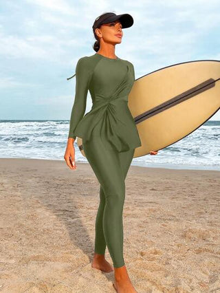 Bikinx مجموعة ملابس سباحة بوركيني تتكون من ملابس علوية كم طويل بلون واحد مع تويست على الخصر وبنطلون للشاطئ والعطلات الصيفية