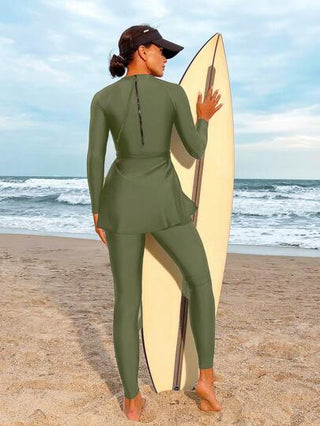 Bikinx مجموعة ملابس سباحة بوركيني تتكون من ملابس علوية كم طويل بلون واحد مع تويست على الخصر وبنطلون للشاطئ والعطلات الصيفية