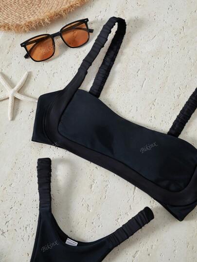 Bikinx طقم بيكيني سيدات أحادي اللون بتصميم رقعي بسيط للصيف، شاطئ العطلات