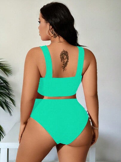 SHEIN Swim Curve طقم بكيني مقاس كبير للنساء ذو ياقة عقدة خضراء 2 قطعة
