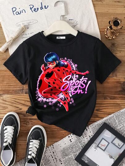 تيشيرتات بناتي Miraculous Ladybug X  تيشيرت قصير الأكمام أسود مطبوع بشخصيات كرتونية وأحرف للفتيات المراهقات ، صيفي