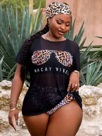 SHEIN Slayr CURVE 3 قطع مجموعة مقاس كبير: مطبوعات الفهد ، بلوزة بأكمام قصيرة مطبوعة مطبوعة مربوطة ، تونيك صيفي
