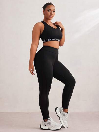 Sport Studio طقم 3 قطع للسيدات البدينات: 1 قطعة بكأس سلكي داعم لرياضة, 1 قطعة بنطلون طويل بتباين شبكي, 1 قطعة ملابس علوية بأكمام طويلة بنقوش مُعكسة للإضاءة, مجموعة ملابس رياضية