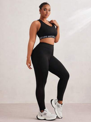 Sport Studio طقم 3 قطع للسيدات البدينات: 1 قطعة بكأس سلكي داعم لرياضة, 1 قطعة بنطلون طويل بتباين شبكي, 1 قطعة ملابس علوية بأكمام طويلة بنقوش مُعكسة للإضاءة, مجموعة ملابس رياضية