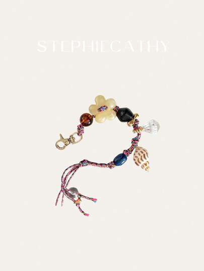 STEPHIECATHY سوار يدوي مضفر بالحبال الملون مزين بأشكال الأصداف والزهور وخرز ملون، قلادة وسلسلة مفاتيح مناسبة لإكسسوارات الحقائب والهواتف وأكسسوارات حفلة عيد الحب