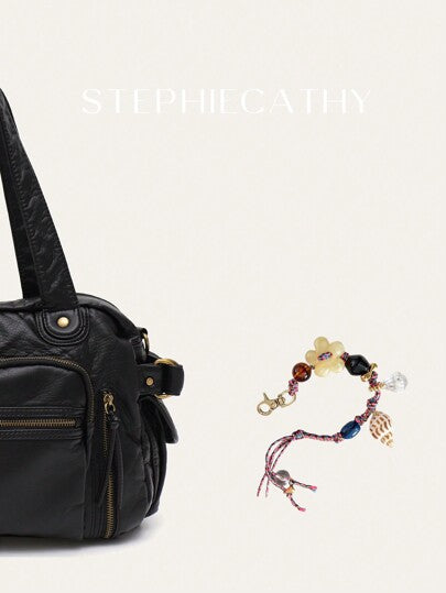 STEPHIECATHY سوار يدوي مضفر بالحبال الملون مزين بأشكال الأصداف والزهور وخرز ملون، قلادة وسلسلة مفاتيح مناسبة لإكسسوارات الحقائب والهواتف وأكسسوارات حفلة عيد الحب