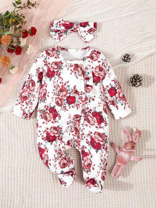 SHEIN قطعة واحدة جمبسوت كاملة لحديثي الولادة من البنات، مطبوع بزهور حمراء جميلة، للبس المنزلي