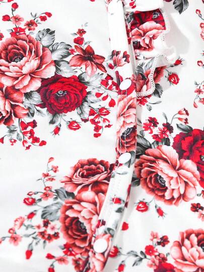 SHEIN قطعة واحدة جمبسوت كاملة لحديثي الولادة من البنات، مطبوع بزهور حمراء جميلة، للبس المنزلي