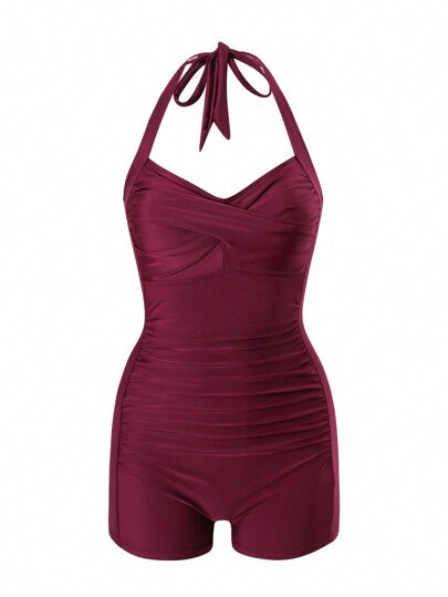 Swim Vcay 2025 قطعة سباحة لمرأة قطعة واحدة بلون واحد عنق رابطة حزام ، طراز سباحة أحاطة كاجوال للشاطئ في الصيف