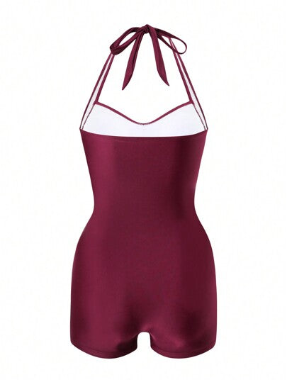 Swim Vcay 2025 قطعة سباحة لمرأة قطعة واحدة بلون واحد عنق رابطة حزام ، طراز سباحة أحاطة كاجوال للشاطئ في الصيف
