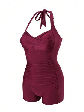 Swim Vcay 2025 قطعة سباحة لمرأة قطعة واحدة بلون واحد عنق رابطة حزام ، طراز سباحة أحاطة كاجوال للشاطئ في الصيف