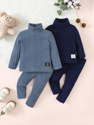 طقم بنطلون كاجوال طويل وبلوزة أكمام طويلة ذات طوق عالي للبنات الصغار قطعتان