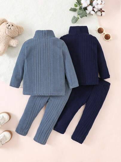 طقم بنطلون كاجوال طويل وبلوزة أكمام طويلة ذات طوق عالي للبنات الصغار قطعتان