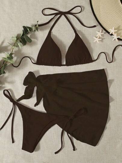 SHEIN Swim مجموعة بيكيني مع حمالة رقبة مثلثة وقاع سباحة للصيف مع تنورة شاطئية كما غطاء للحمام