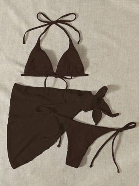 SHEIN Swim مجموعة بيكيني مع حمالة رقبة مثلثة وقاع سباحة للصيف مع تنورة شاطئية كما غطاء للحمام