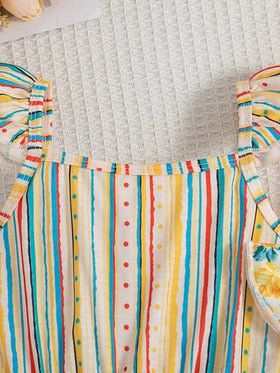 3 قطع / مجموعة فستان كاجوال قميص قطن بفتحة رقبة مربعة بلا أكمام للفتيات الصغيرات