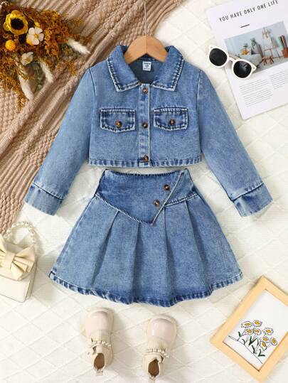 SHEIN Vintaside Kids مجموعة ملابس علوية كم طويل وتنورة متموجة من الدنيم الأزرق الداكن للفتيات، ملابس متنوعة الاستخدام للشتاء/ الخريف 2024 ، طقم ملابس يمكن ارتداؤه في كل المناسبات