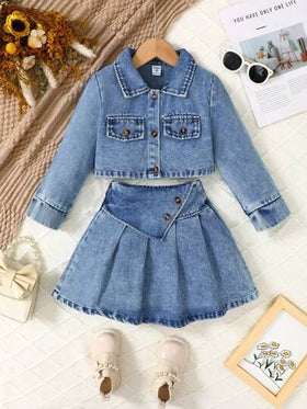 SHEIN Vintaside Kids مجموعة ملابس علوية كم طويل وتنورة متموجة من الدنيم الأزرق الداكن للفتيات، ملابس متنوعة الاستخدام للشتاء/ الخريف 2024 ، طقم ملابس يمكن ارتداؤه في كل المناسبات