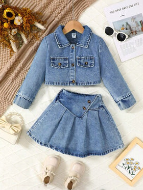 SHEIN Vintaside Kids مجموعة ملابس علوية كم طويل وتنورة متموجة من الدنيم الأزرق الداكن للفتيات، ملابس متنوعة الاستخدام للشتاء/ الخريف 2024 ، طقم ملابس يمكن ارتداؤه في كل المناسبات