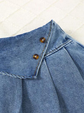 SHEIN Vintaside Kids مجموعة ملابس علوية كم طويل وتنورة متموجة من الدنيم الأزرق الداكن للفتيات، ملابس متنوعة الاستخدام للشتاء/ الخريف 2024 ، طقم ملابس يمكن ارتداؤه في كل المناسبات