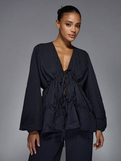 MISSGUIDED مجموعة بلوزة بنمط الخطوط الرفيعة والبنطلون الواسع الساق، بدلة عمل رسمية، مجموعة ملابس مكتبية محترفة للخريف والشتاء
