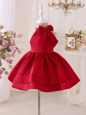 SHEIN فستان أنيق بدون أكمام للفتيات الصغيرات بلون أحادي مع فيونكة ثلاثية الأبعاد
